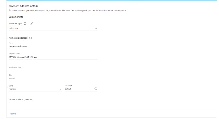 entering ‘Payment Address Details’ and submit it.
