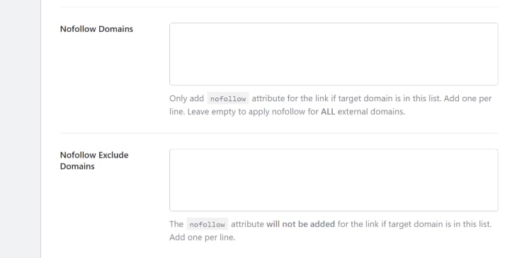 Text boxes in RankMath’s General Settings page for nofollow tag