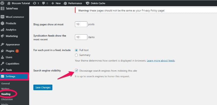 Turning off the Search engine visibility