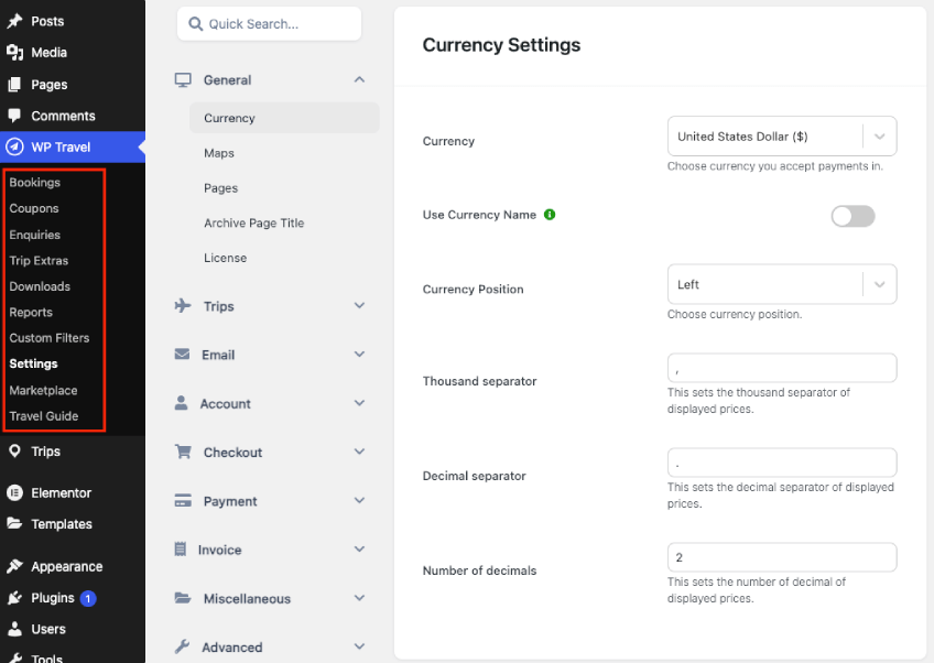 admin dashboard of WP Travel