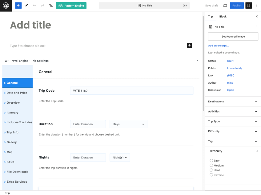 Interface of WP Travel Engine