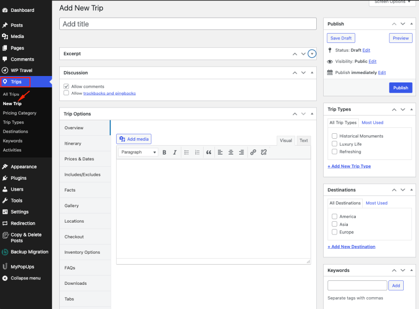 Interface of WP Travel