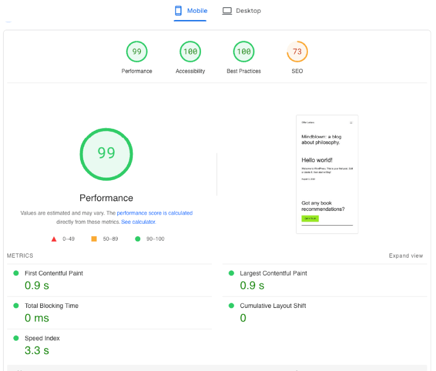 simple website mobile speed test