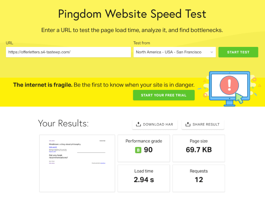 simple website speed test pingdom