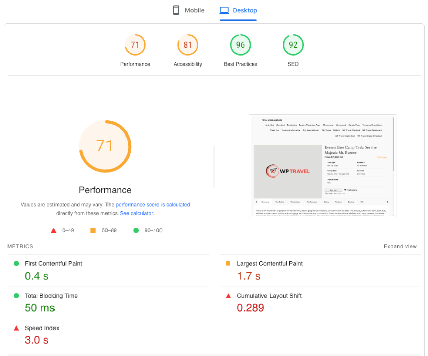 wptravel desktop speed